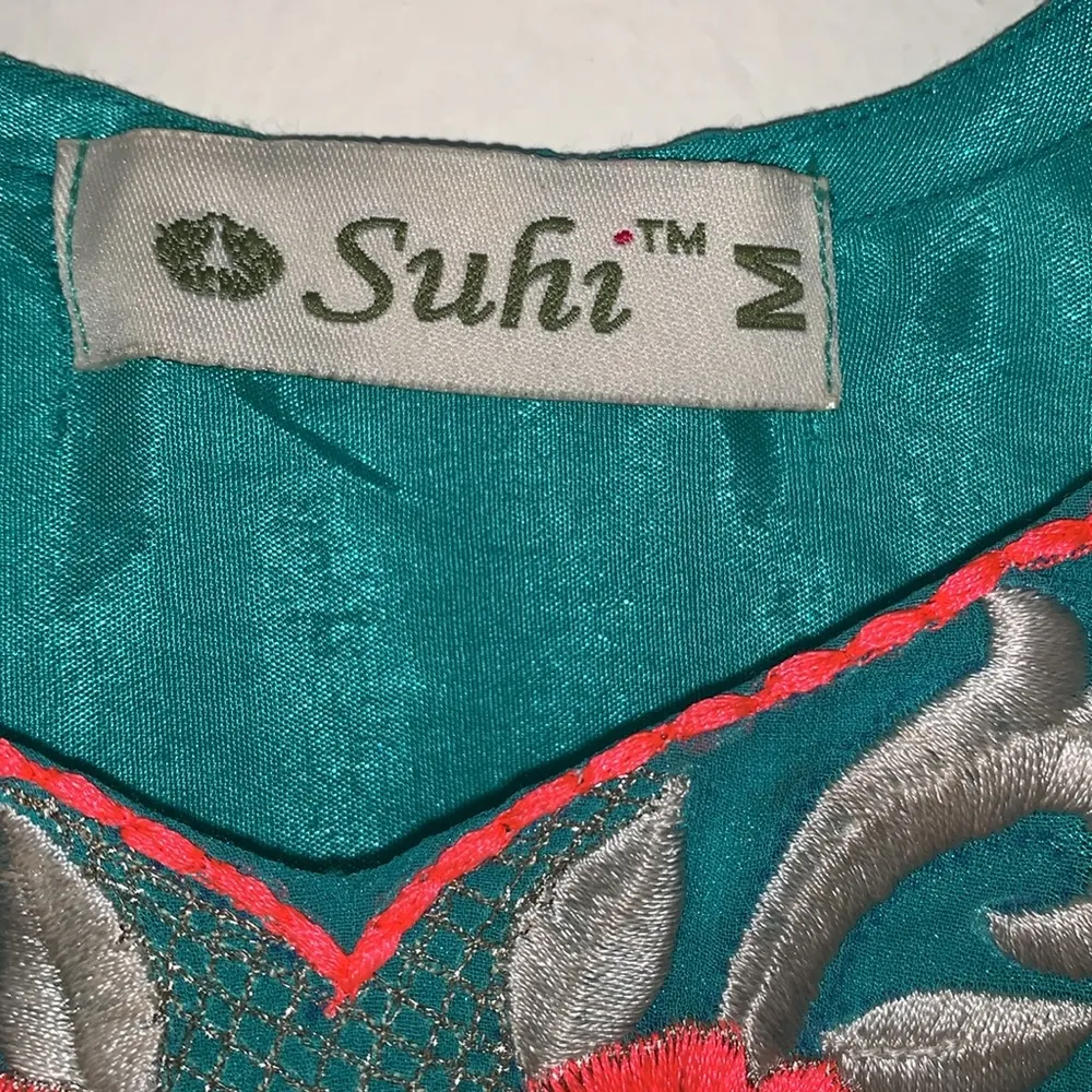 Suhi kaftan dress woman size MEDIUM floral teal and bright orange - Image 3