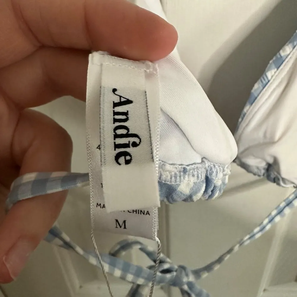 ANDIE  Swim The String Bikini Top Blue Gingham Triangle Size Medium NEW - Image 5