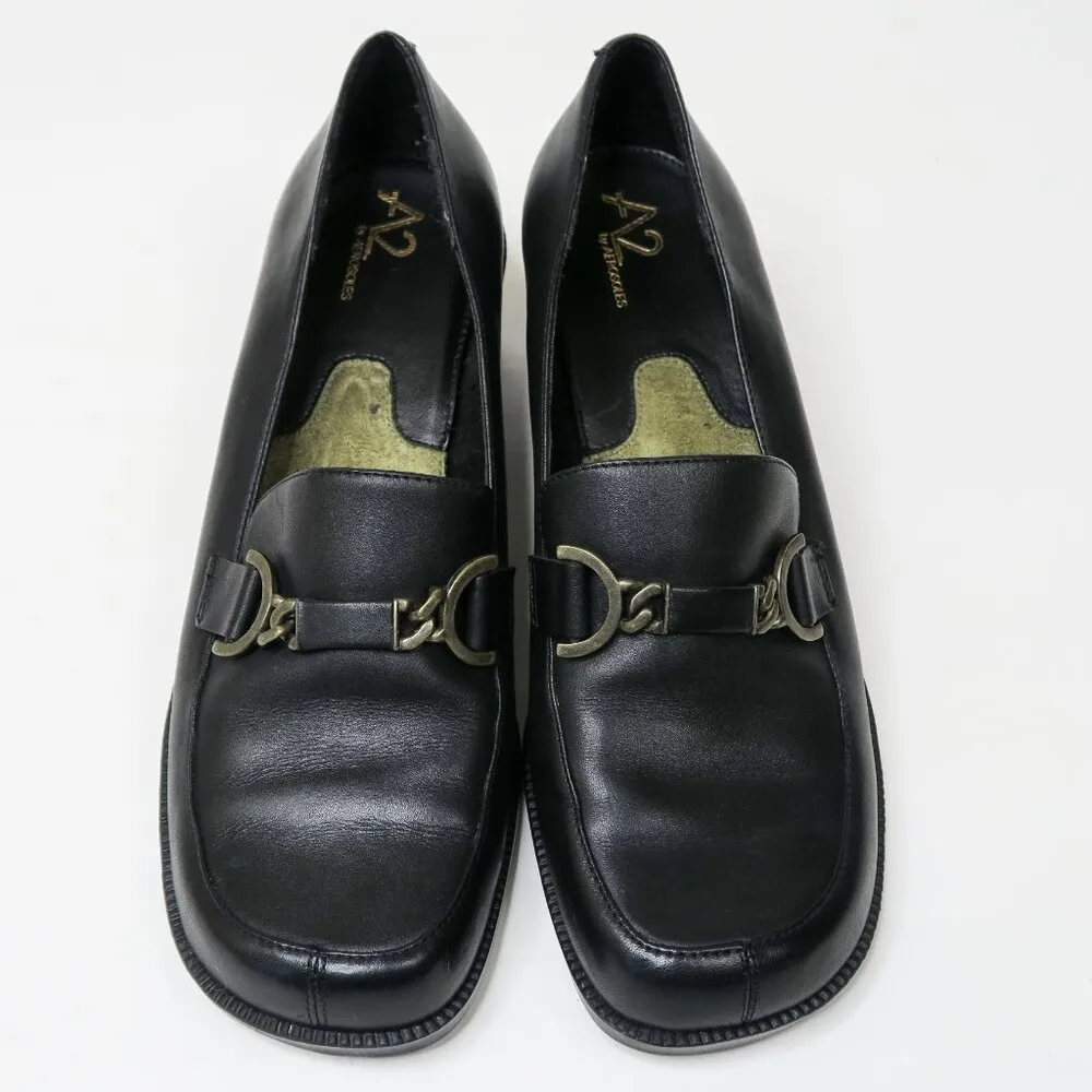 Vintage 90s A2 by Aerosoles Black Leather Heeled Loafers Size 8.5 - Image 3