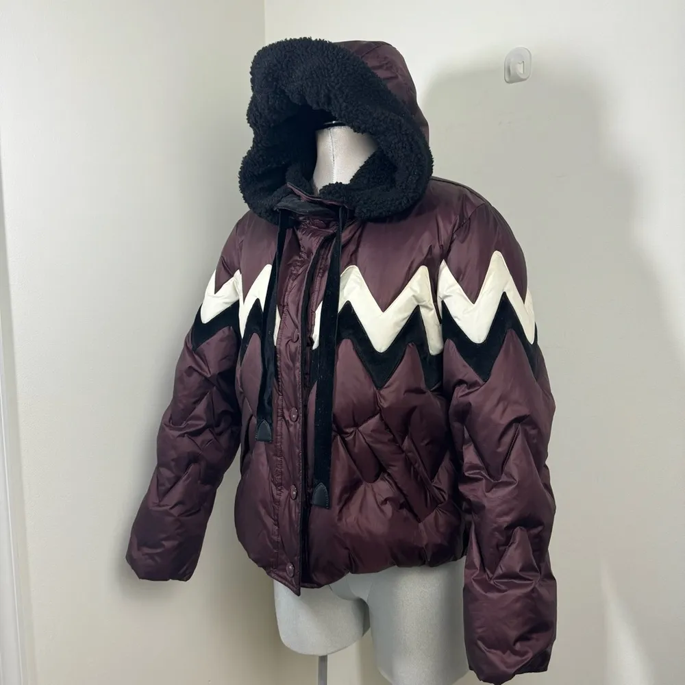 COACH Fair Isle Puffer Winter Jacket Size Large Red Wine, Burgundy, White, Black - Image 3