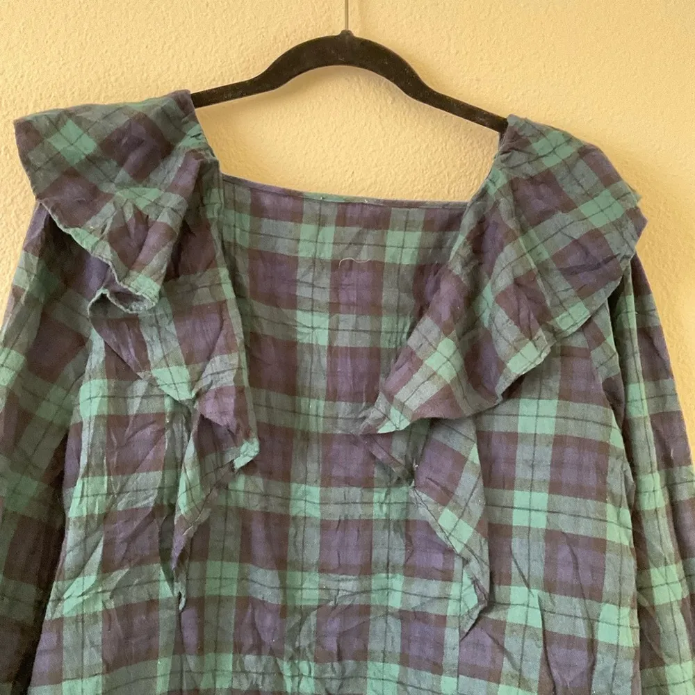 J Crew Flannel Squareneck Ruffle Top in Blackwatch Green Navy Black Plaid - Image 8