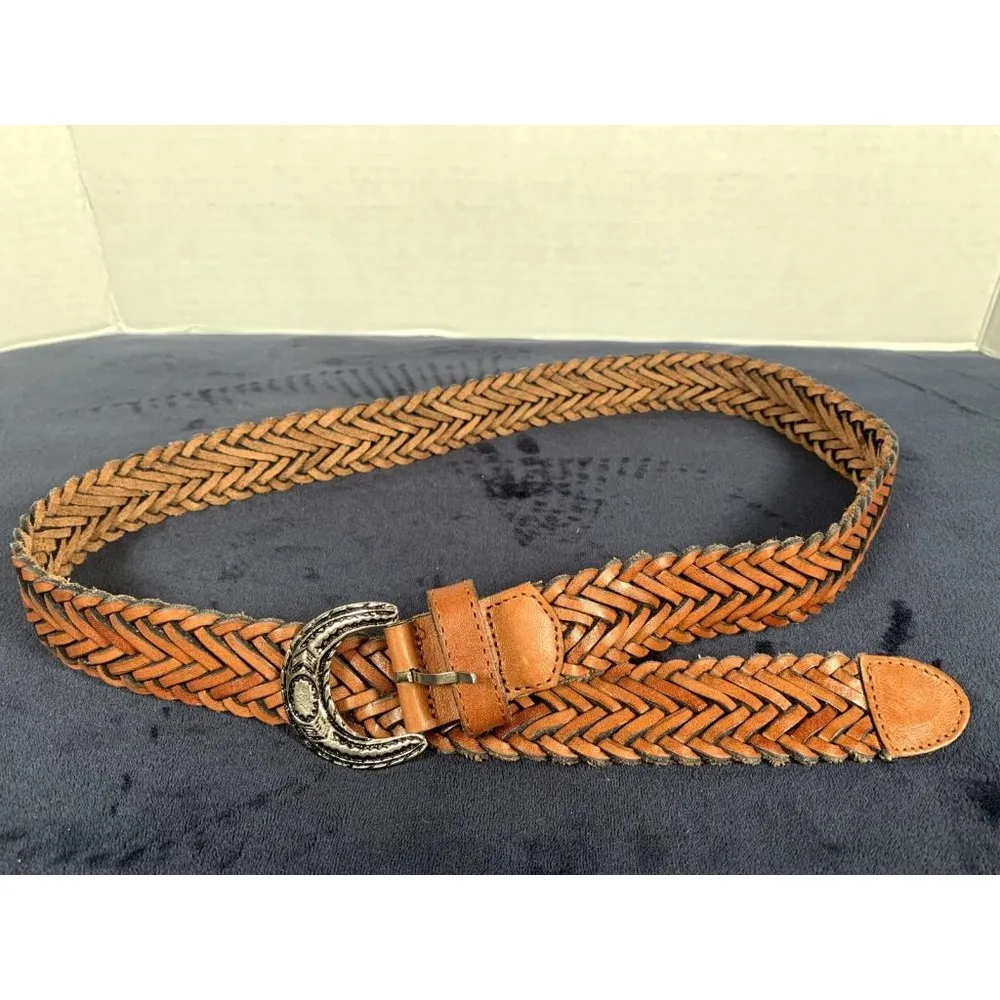 Vintage Womens Braided Belt Leather Brown Medium Solid Silver Tone Buckle Nice - Image 9
