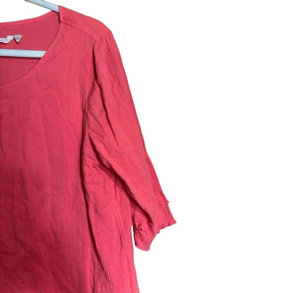 Soft Surroundings Top Womens Medium Coral Gauze Asymmetrical Hem Cotton Blouse - Image 3