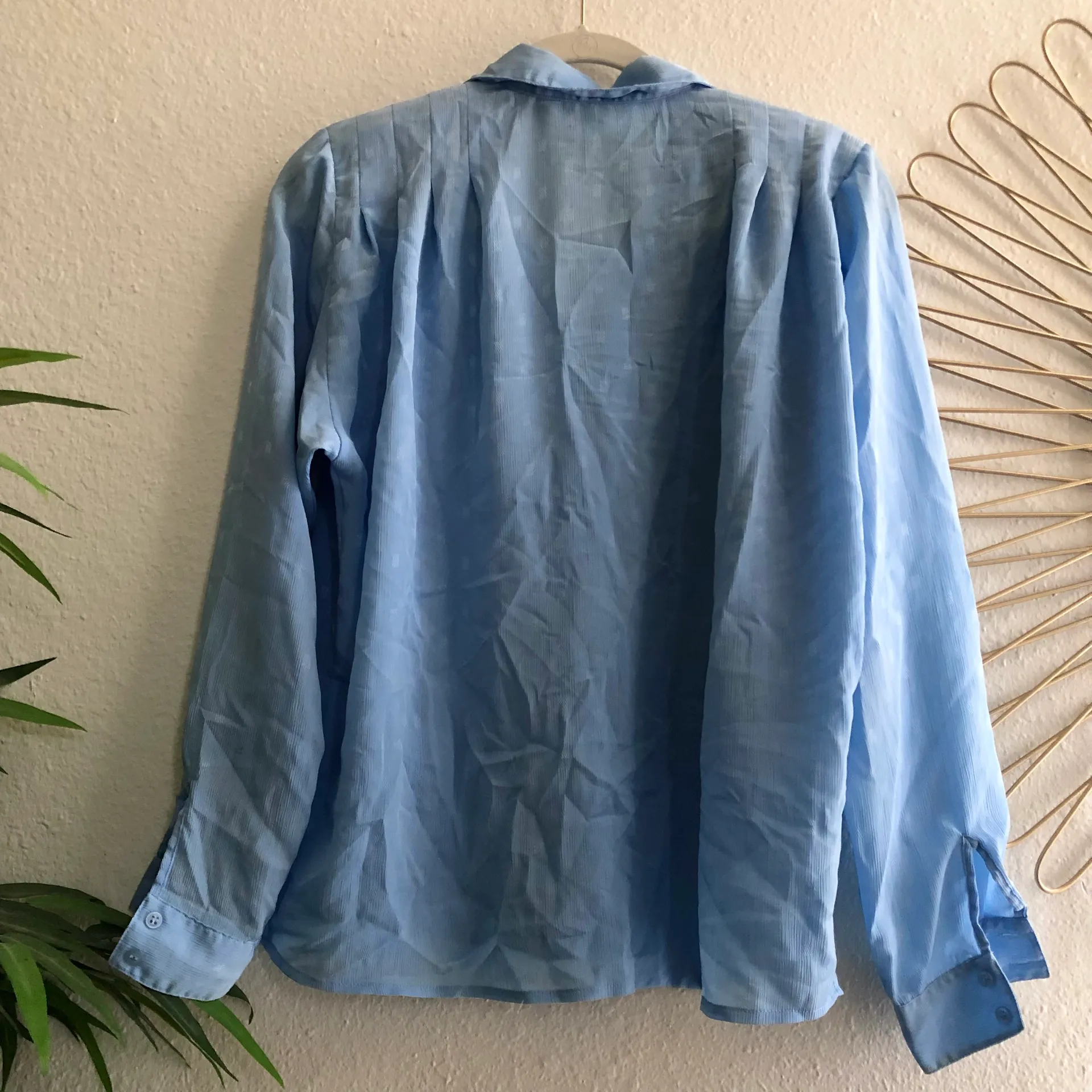 1950s vintage baby blue light polka dot long sleeve pleated shoulder button down romantic victorian era shirt Size 10 - Image 2