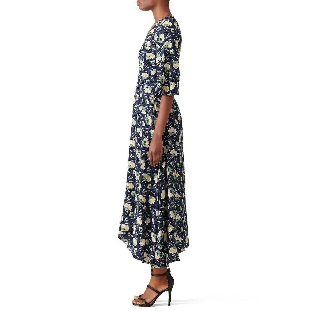 SLATE & WILLOW Blue Floral Printed 100% Silk V-Neckline Maxi Dress Size 8 - Image 3