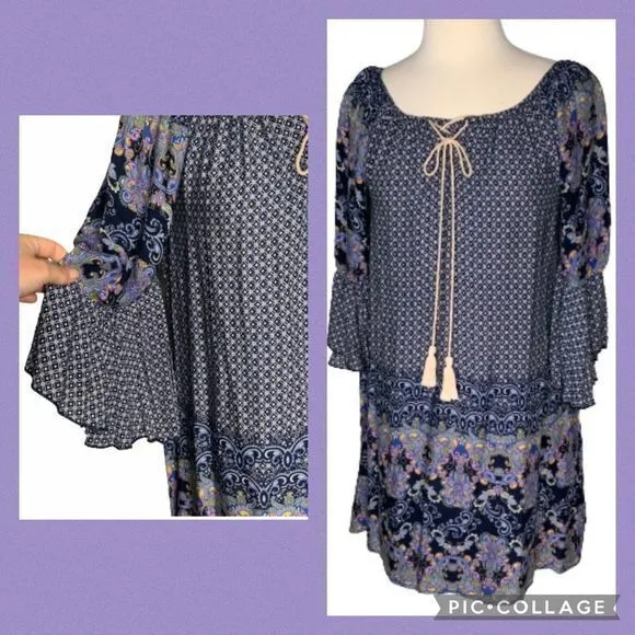 Altar’d State Blue/White/Lavender Boho Bell Sleeve Mini Dress Tunic S - Image 2