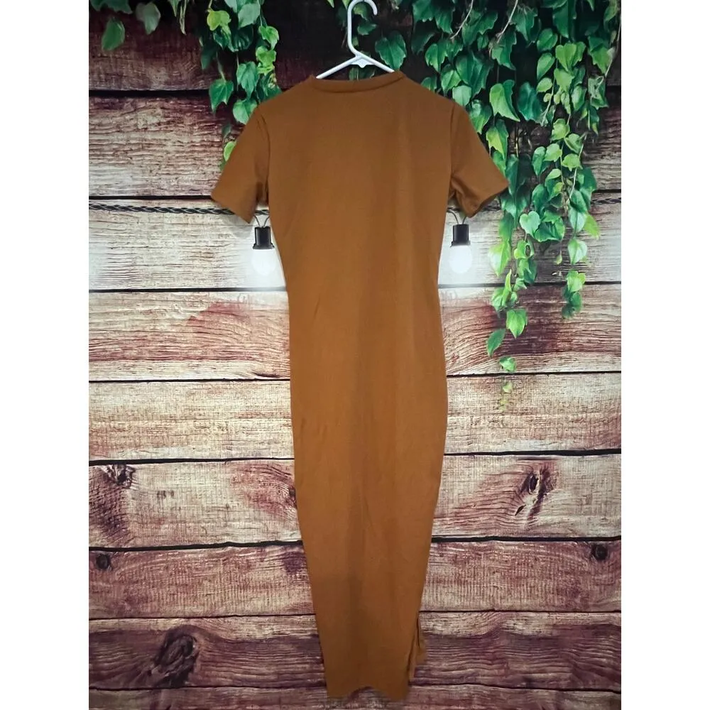 Free People Maxi Dress Bodycon Cinch Tie Slit Rust Orange Minimalist Fall Small - Image 4