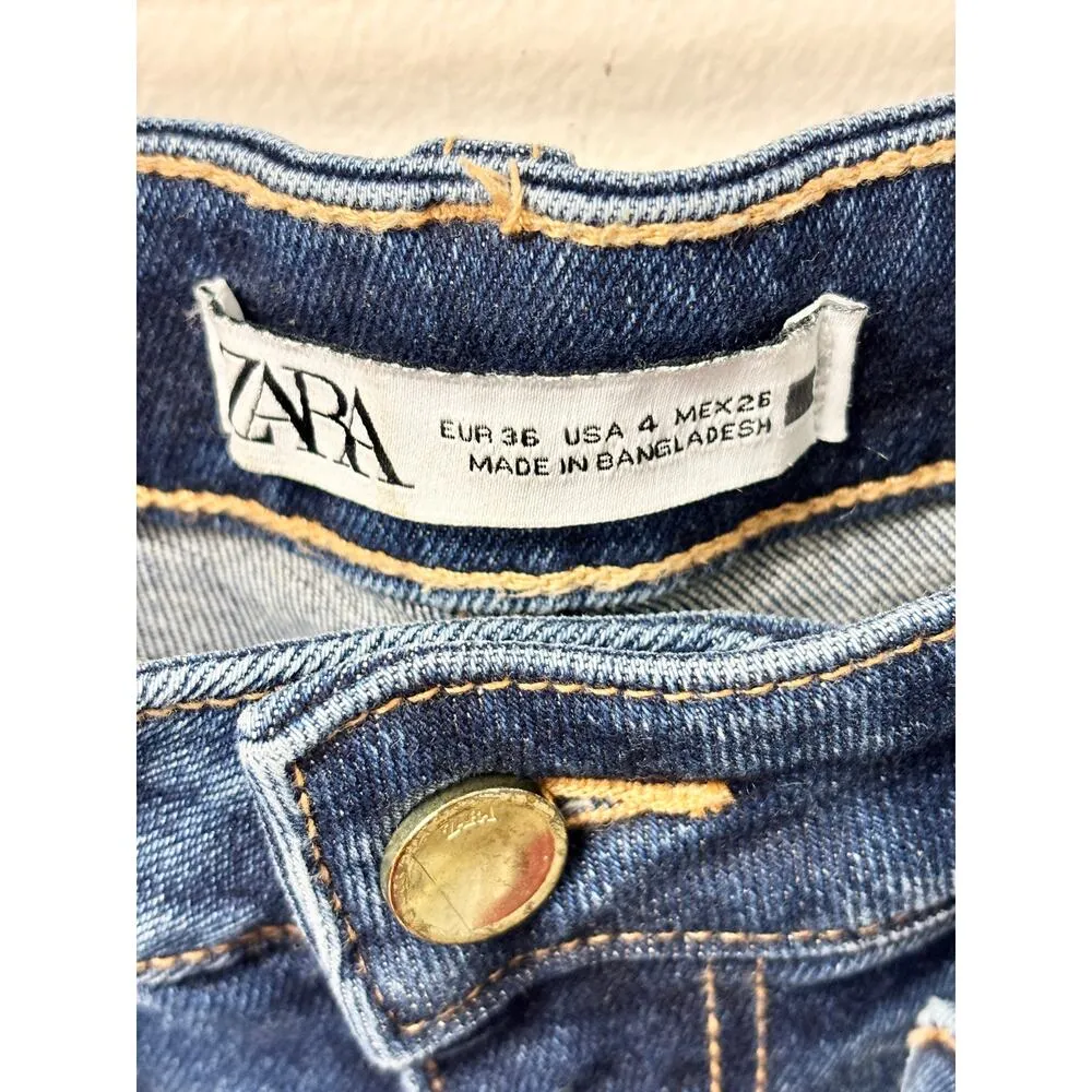 Zara Cotton Blend High Waisted Belted Denim Straight Jeans Blue Womens Size US 4 - Image 3