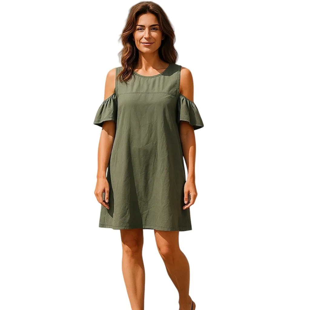 Renuar Olive Green Cold Shoulder Ruffle‎ Sleeve Casual Dress XL - Image 2