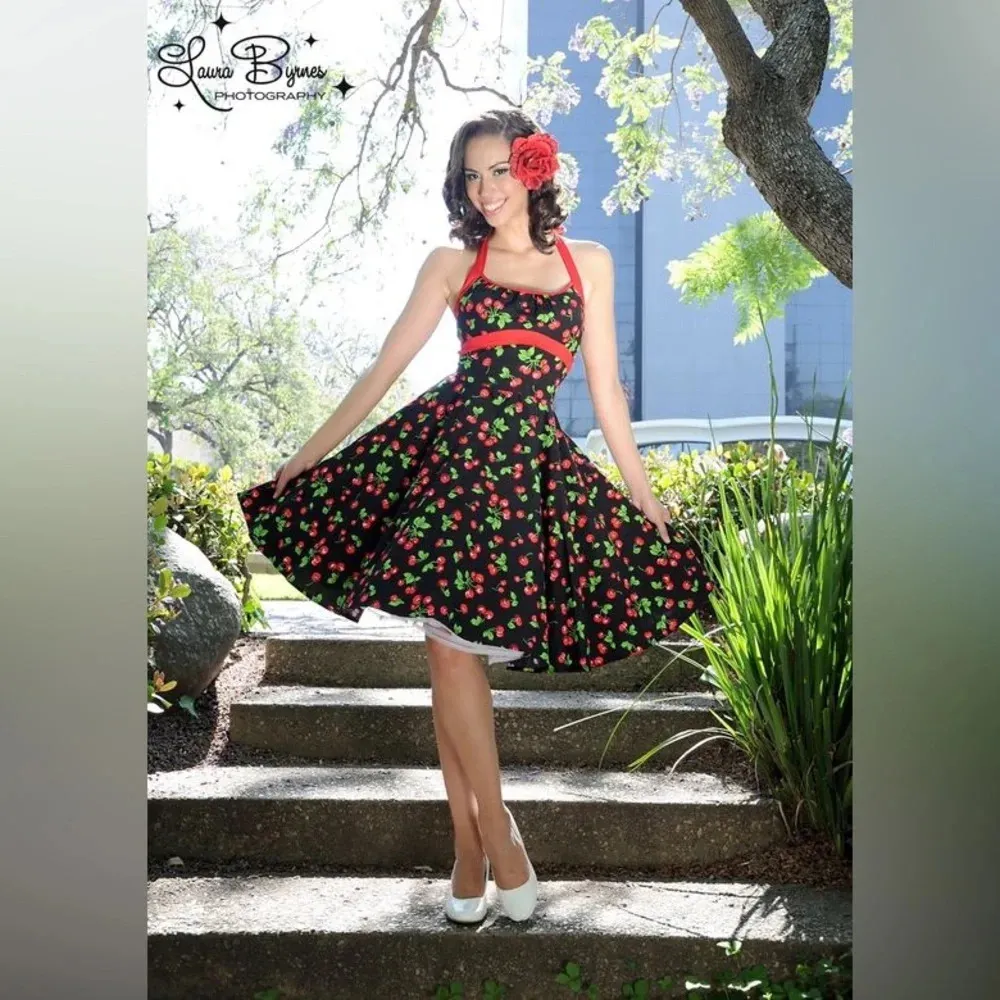 Pinup Couture Cherry Halter Dress size large Black - Image 15