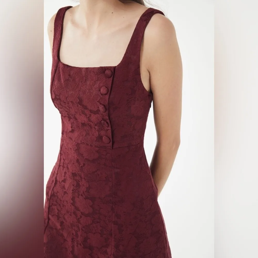 Urban Outfitters Hallie Wine Colored Embroidered Square Neck A-line Mini Dress - Image 4