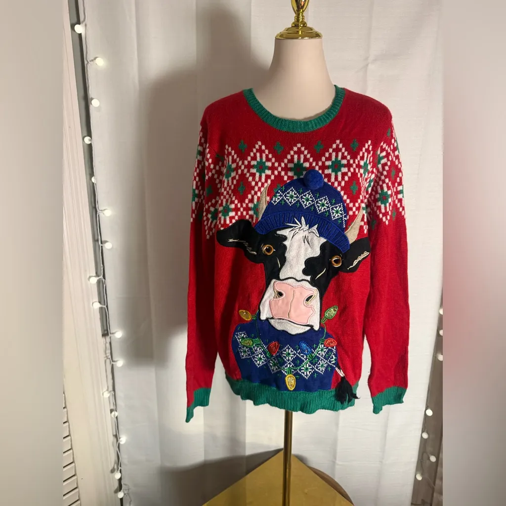 Holiday Time Cow Christmas Sweater L Lights Ugly Xmas Knit Red Green - Image 7