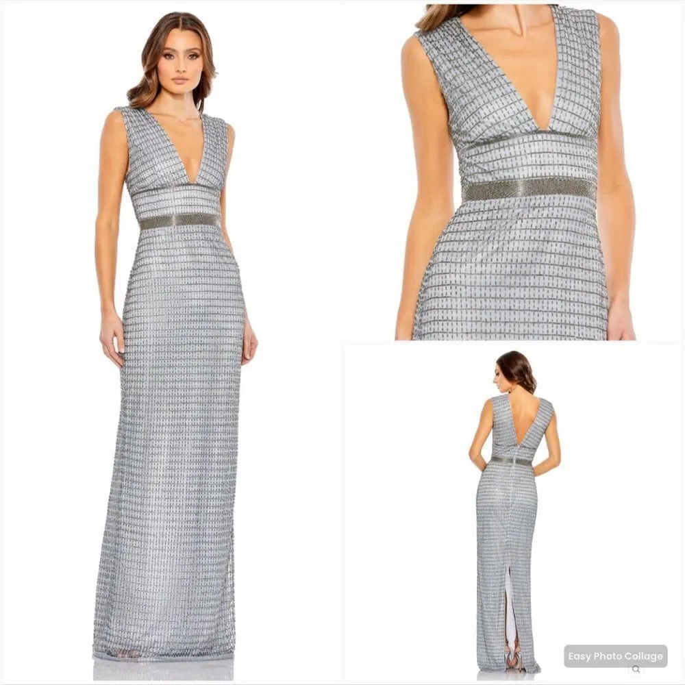 Mac Duggal 5625 Beaded Cap Sleeve V Neck Column Gown Dress Silver Size 4 - Image 2