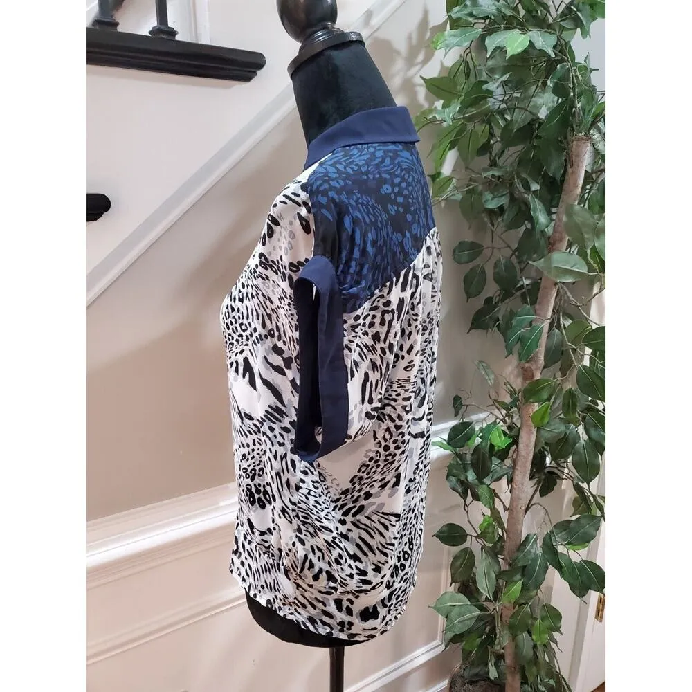 Express Womens Blue & White Polyester Collared Short Sleeve Button Down Shirt XS - Image 5