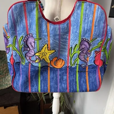 Sally Huss Seahorse Shells Beach Bag Tote‎ Charms Sun Sand Water Colorful Lake Red - Image 6