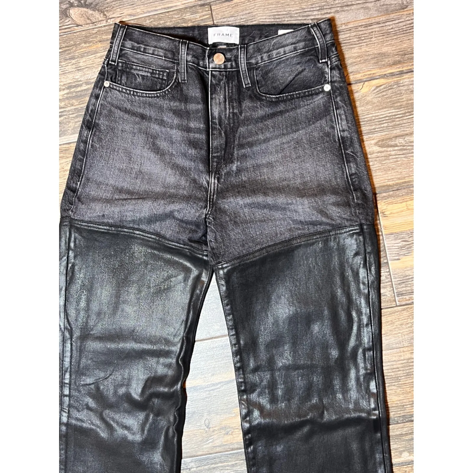FRAME Le Jane Midnight Mix Denim Coated Straight Paneled Black Jeans Size 26 - Image 4
