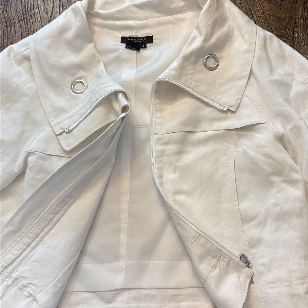 Sandro Cropped Linen Blend Jacket Wide Collar Grommets White Small EUC - Image 5