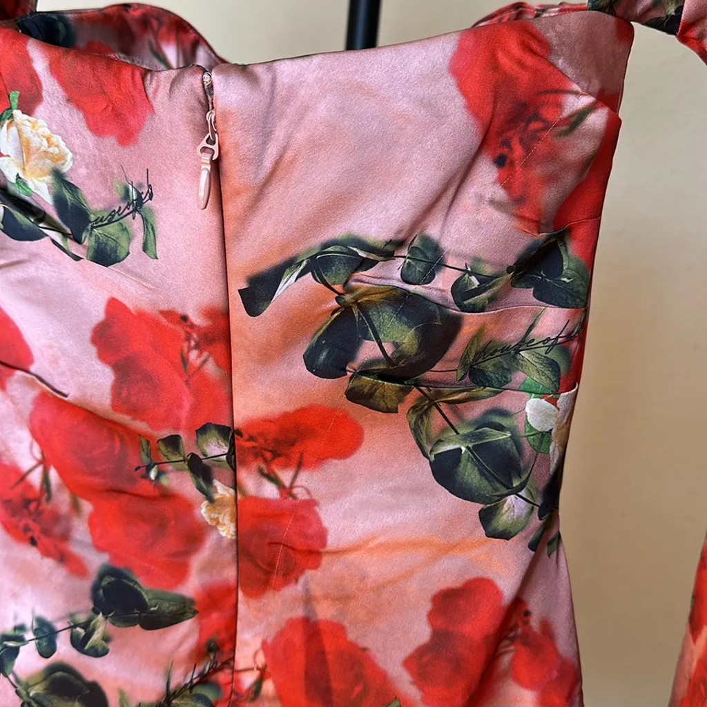 House of CB ‘Toira’ Satin Rose Print draped corset mini dress NWOT‎ size XS - Image 14