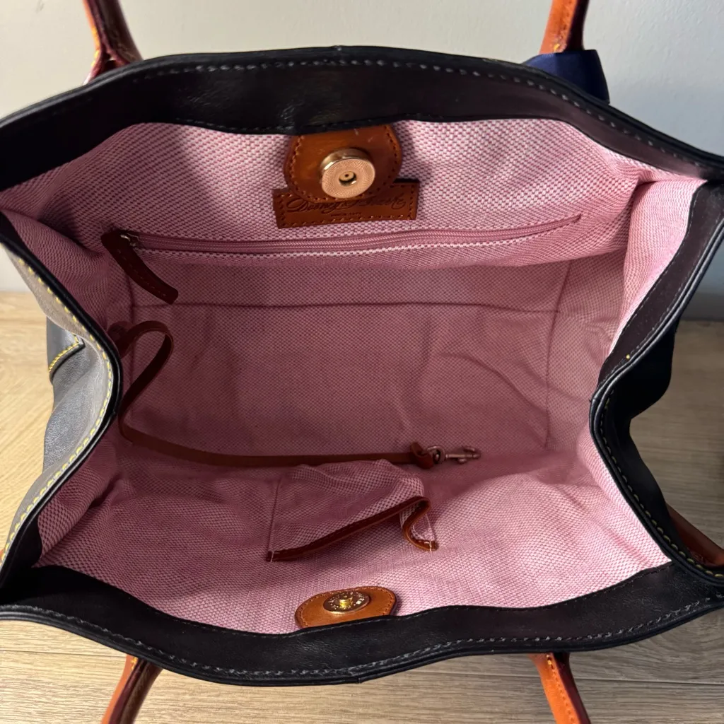 Dooney Bourke Black Tan Yellow Stitch Tote Bag Duck Logo Satchel Tortoiseshell‎ - Image 4