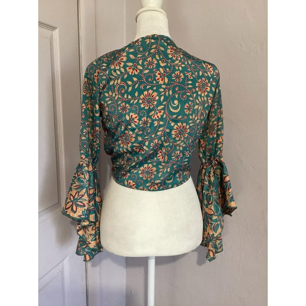 Rasa Anthropologie Blue Beige Floral Satin Flutter Sleeve Tie Waist Blouse XS - Image 5