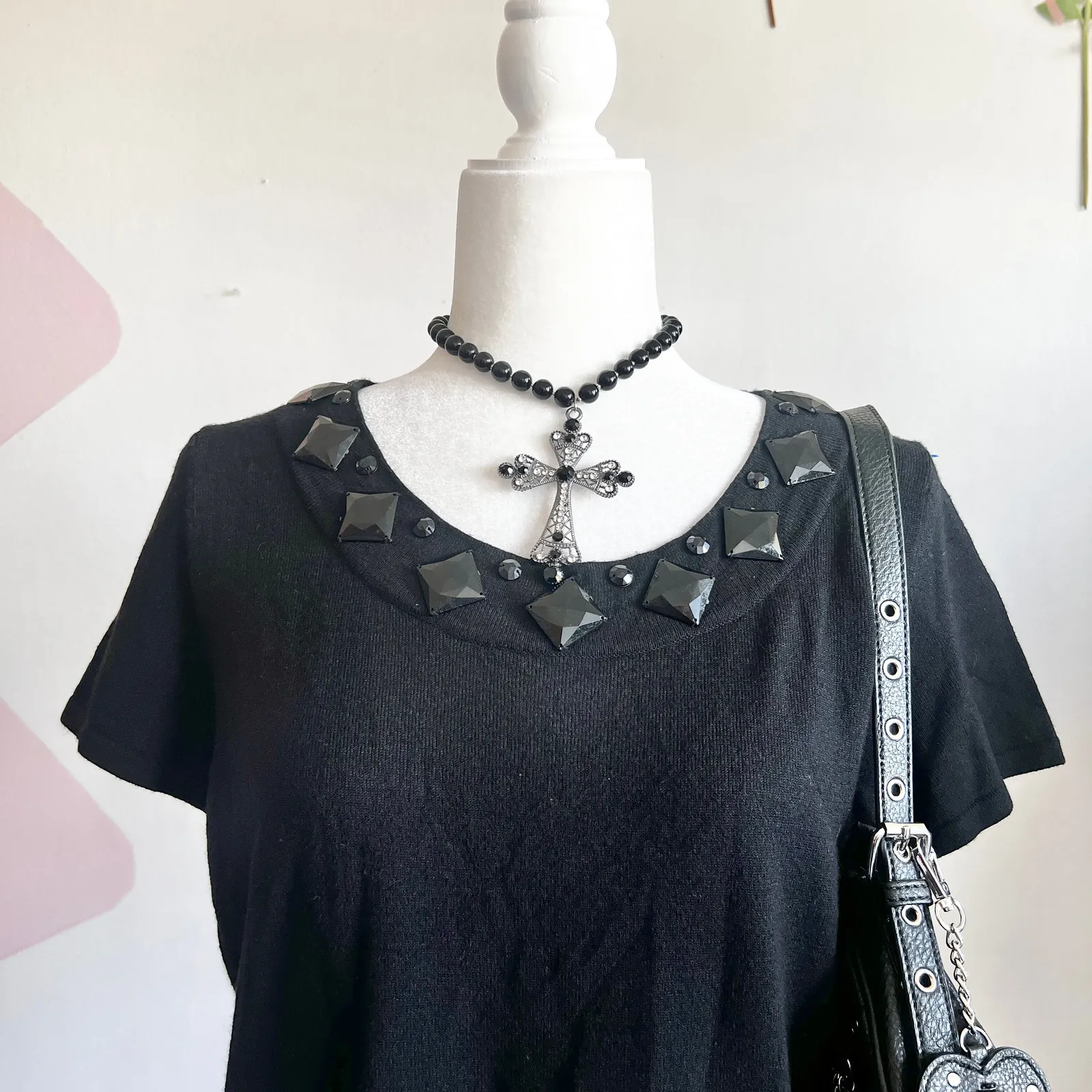 Black Beaded Neckline Top, Y2K, Boho, Glam, Vintage, Retro,‎ Elegant, Medium - Image 2