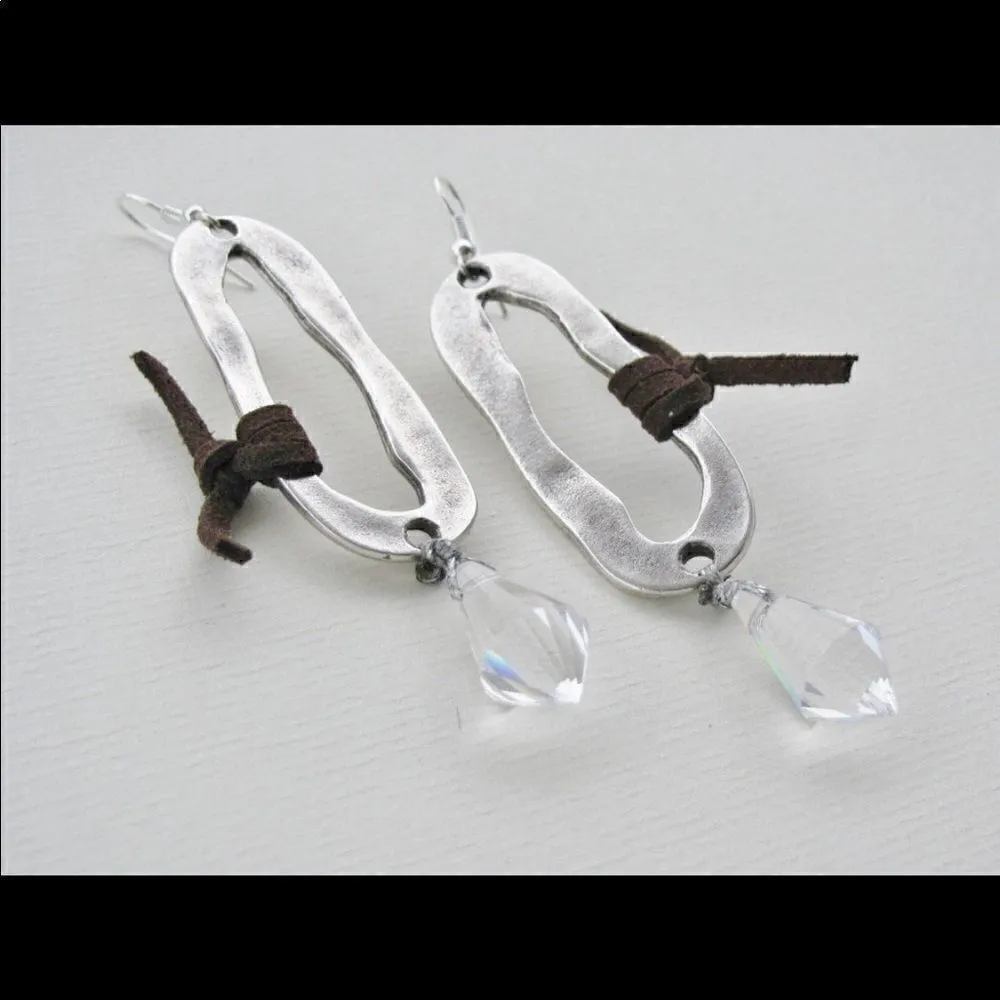 Custom Made Custom Boho Chic Crystal Leather Silver Earrings - Image 5