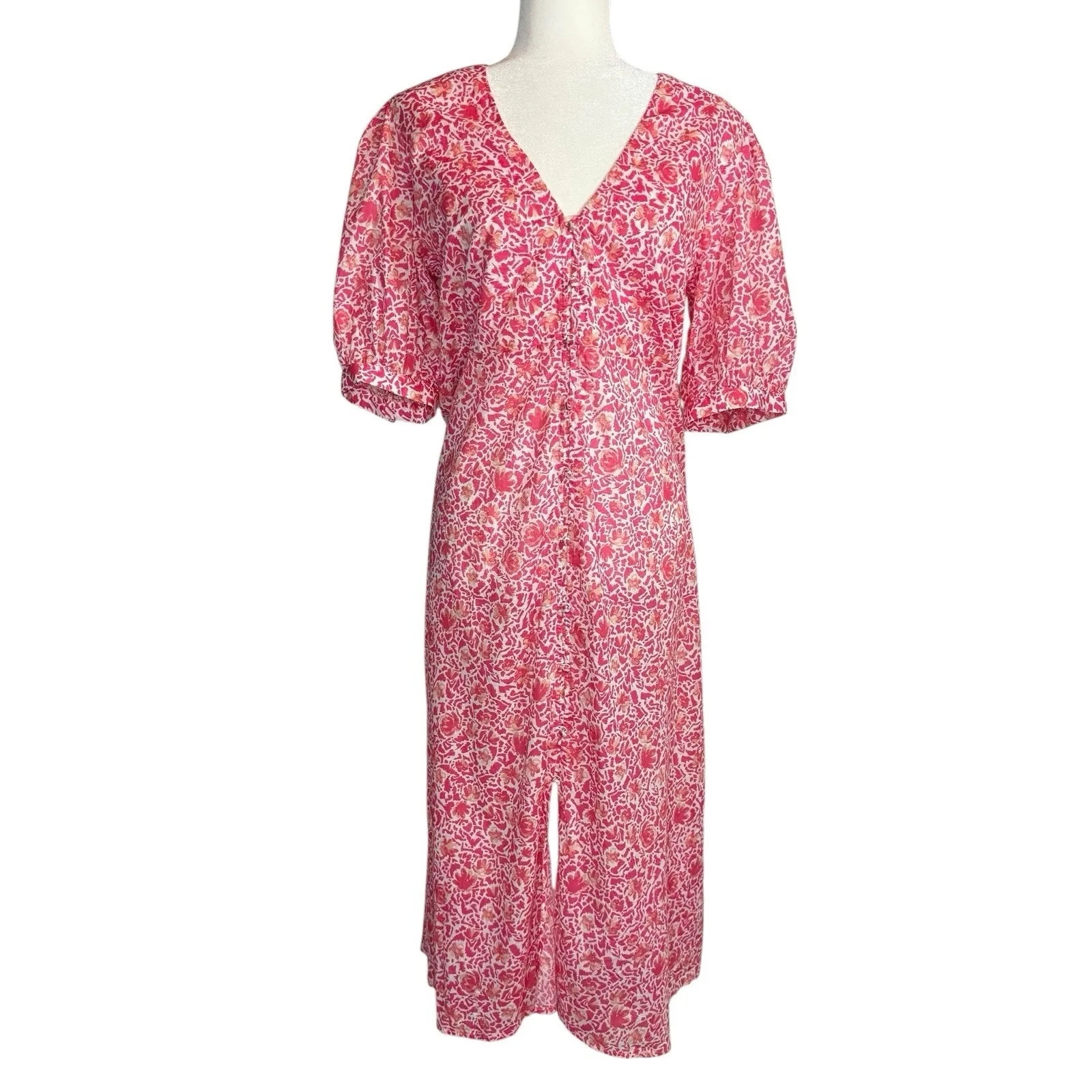 MISA Los Angeles Pink Floral Button Front Midi Dress Puff Sleeve L Made In USA‎ - Image 3