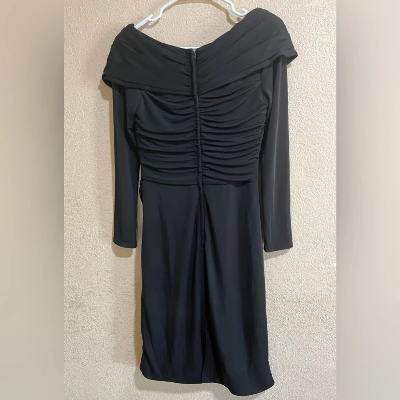 La Femme black off the shoulder long sleeve ruched pleated dress NEW - Image 6