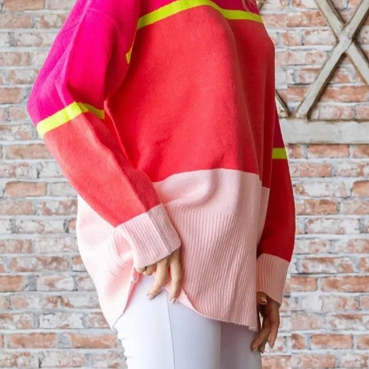 First Love Oversized Cozy Boutique Sweater Pink Stripe Colorblock Plus Size 2X - Image 5
