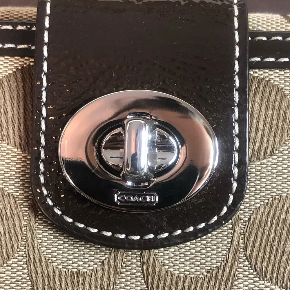 COACH Brown Monogram Silver Twist Lock Bifold Wallet with Contrasting Stitch - Image 13