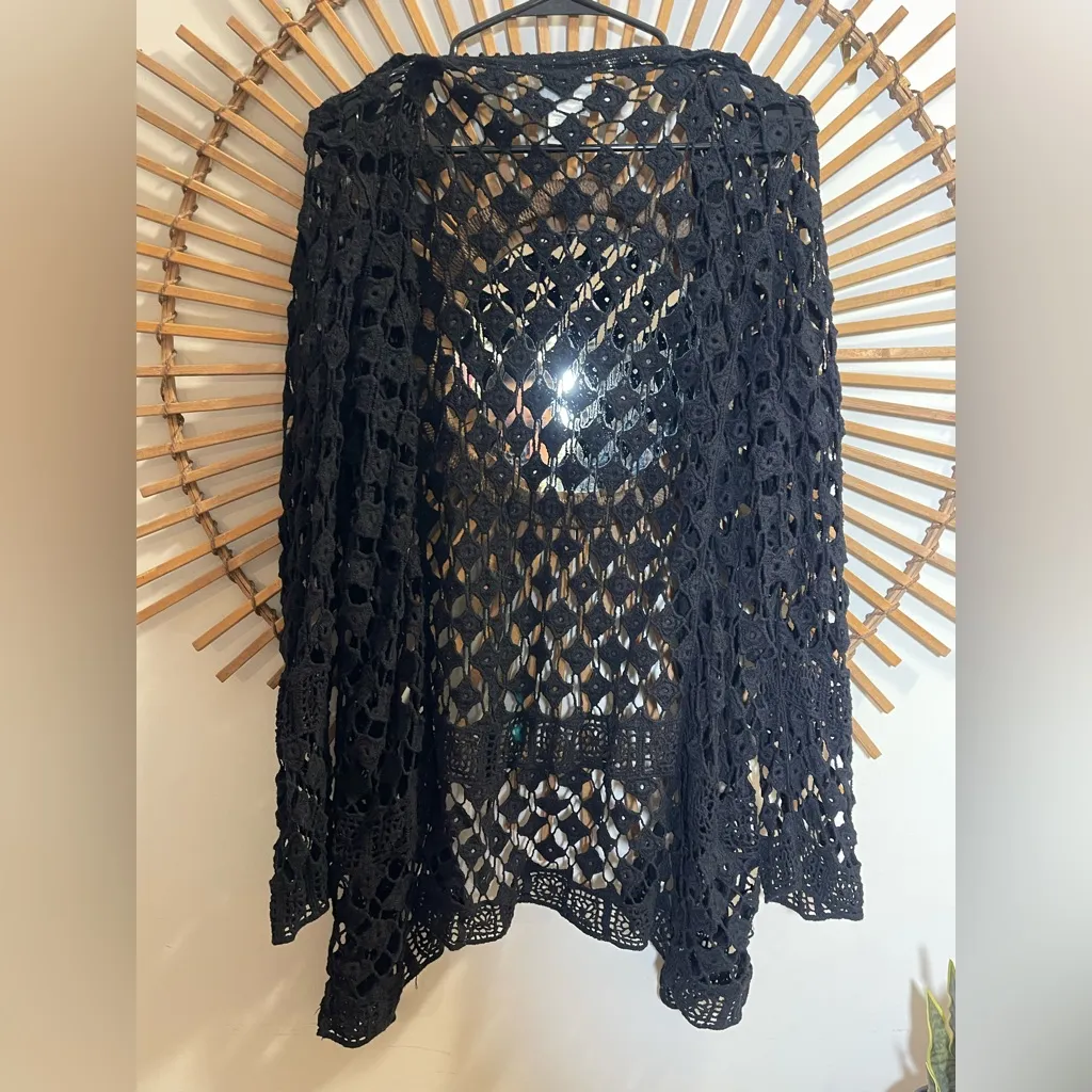 Vintage 90’s Black Crochet Open-Front Cardigan Boho Hippie Festival Whimsigoth - Image 5