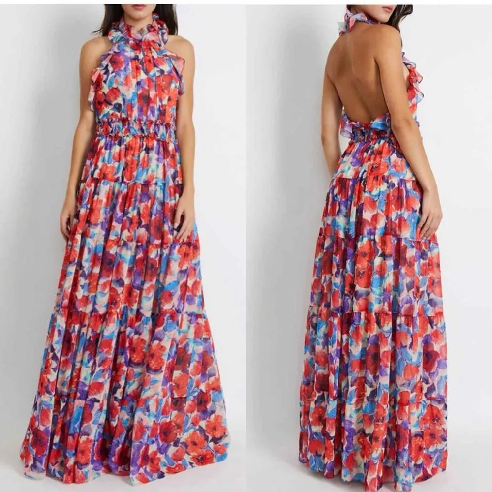PATBO Violet Floral Flutter Halter Style Maxi Dress Size US 8 Cherry - Image 2