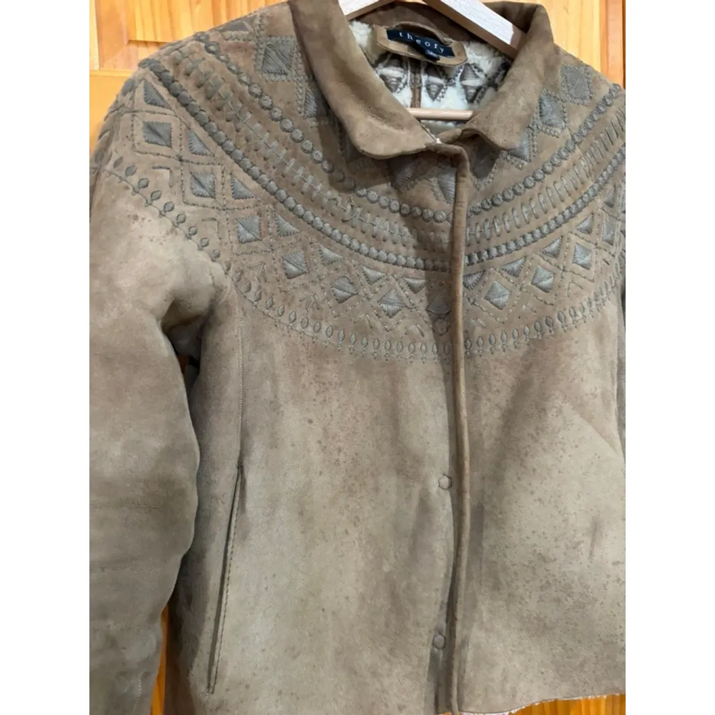 Theory Shearling Suede Embroidered Jacket Brown Lamb Fur Sherpa Lined Sz 4 read - Image 4