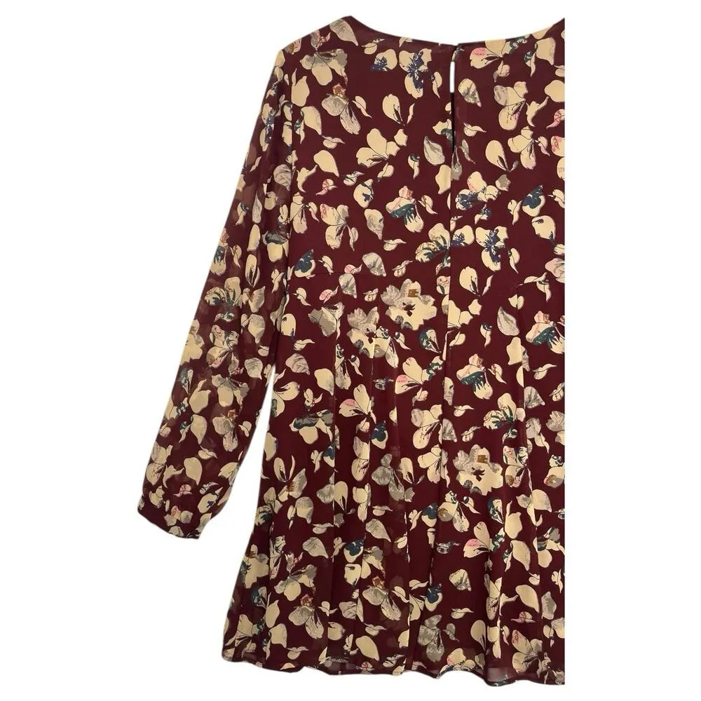 ASTR Dress Womens Medium Red Maroon Floral Sheer Chiffon Long Sleeve Swing Girly - Image 9