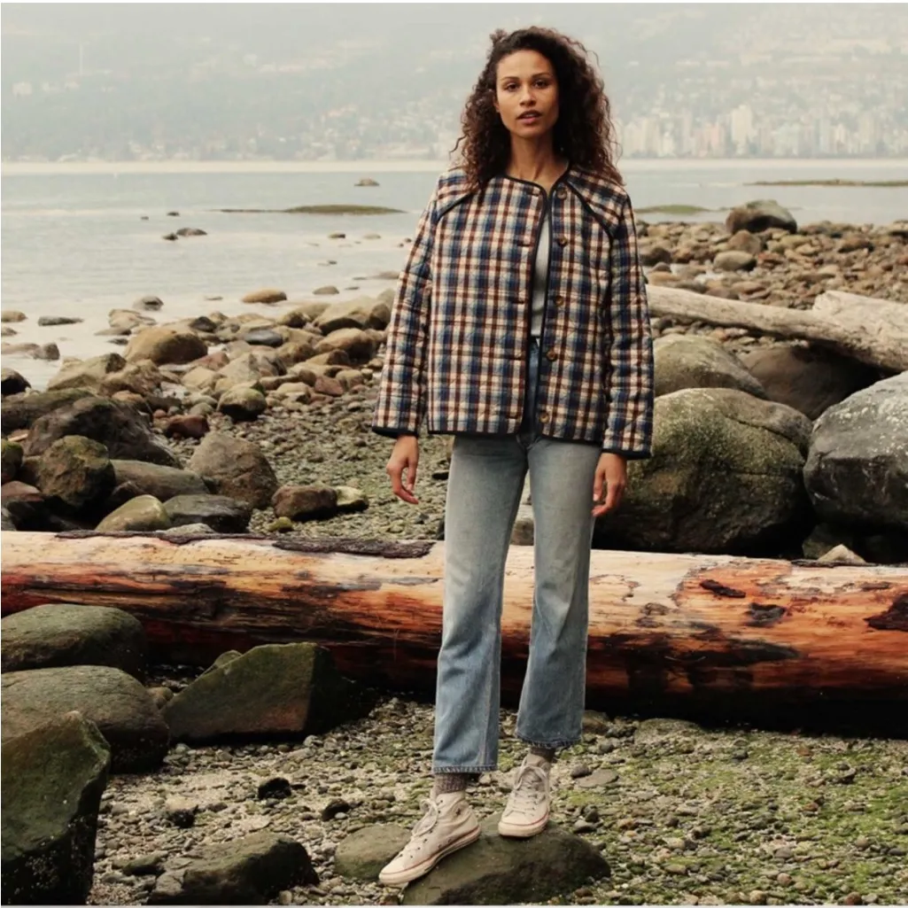 Doen Sedona Quilted Wool Silk Jacket Belleville Plaid Blue Brown Small EUC - Image 10