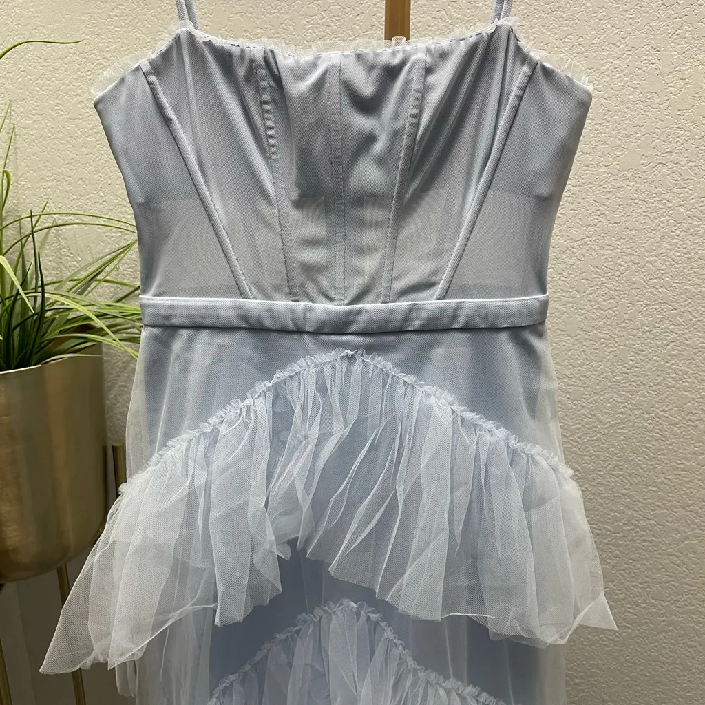 New! BCBGMAXAZRIA Sheer Tiered Ruffle Gown in Kentucky‎ Blue Sz 6 $498 - Image 6