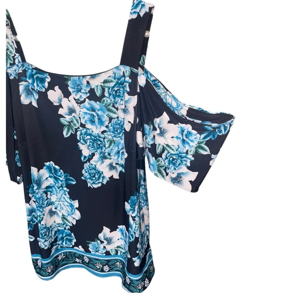 INC International Concepts Off The Shoulders Floral Top Women Medium Boho Flowy Blue - Image 3