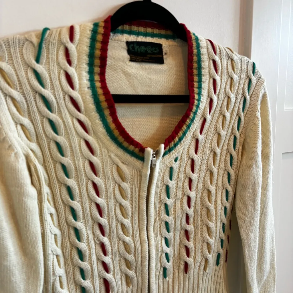 Chego International 70's Vintage Cream Cable Knit Zip Up Women's Sweater Size S Green - Image 3