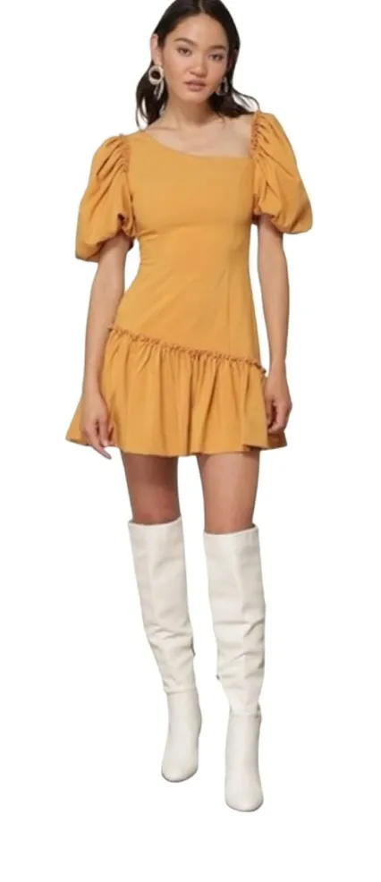 Marigold Line & Dot Ruffle Asymmetrical Puff Sleeve Yoko Mini Dress Size Small - Image 1