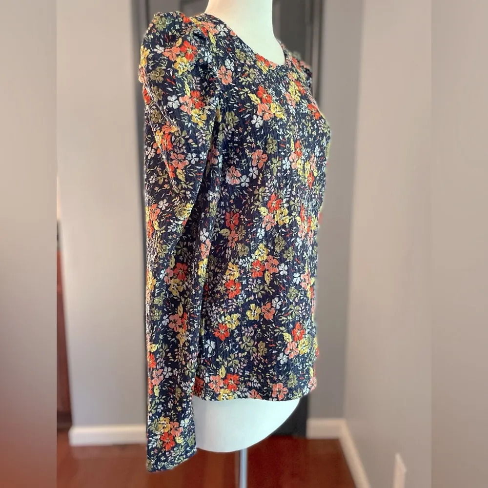 Loft Puff Shoulder Cottagecore Navy Floral Print Top - Image 3