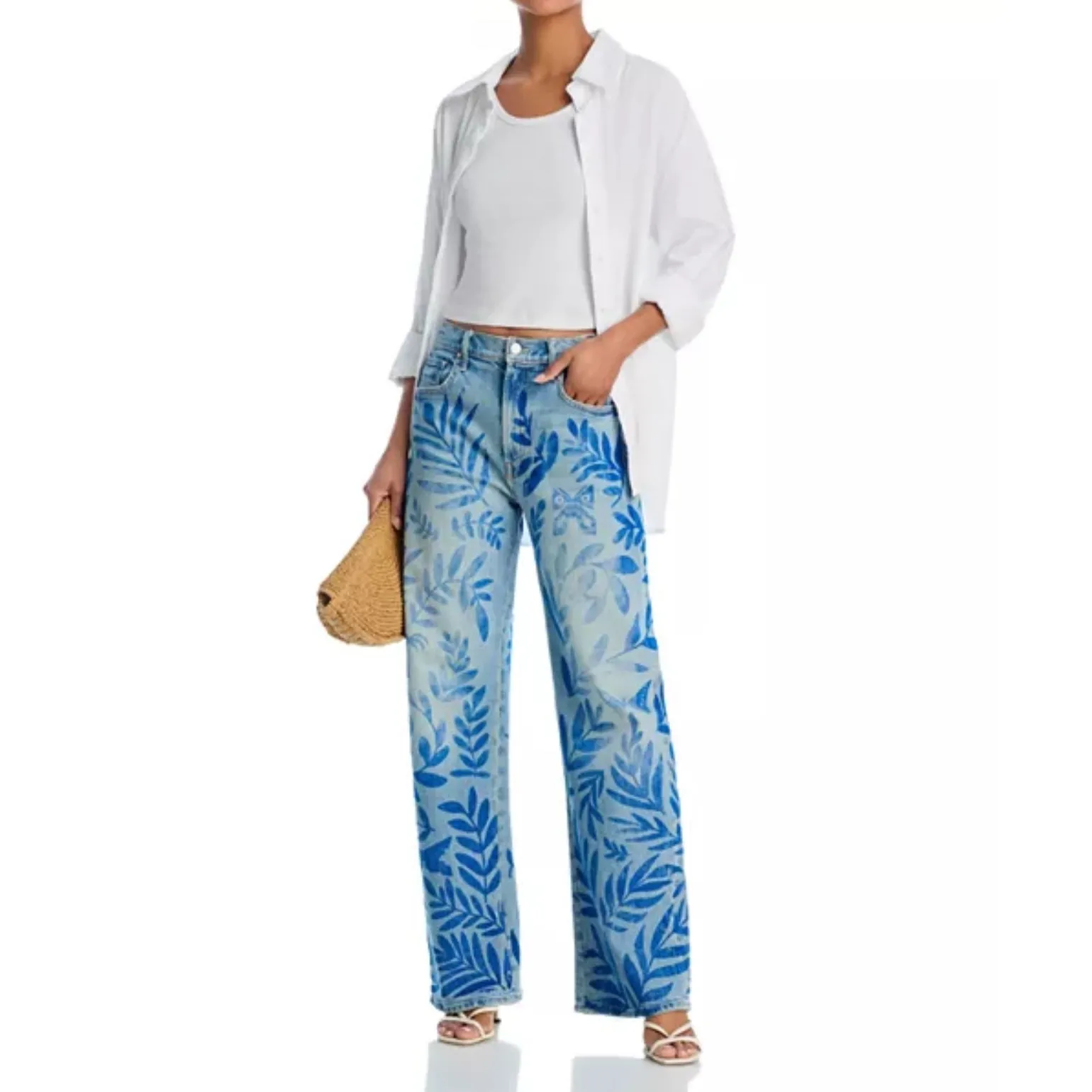 MOTHER Superior Wide Leg Jeans Blue Leaf Butterfly Print Light Wash size 26‎ - Image 2