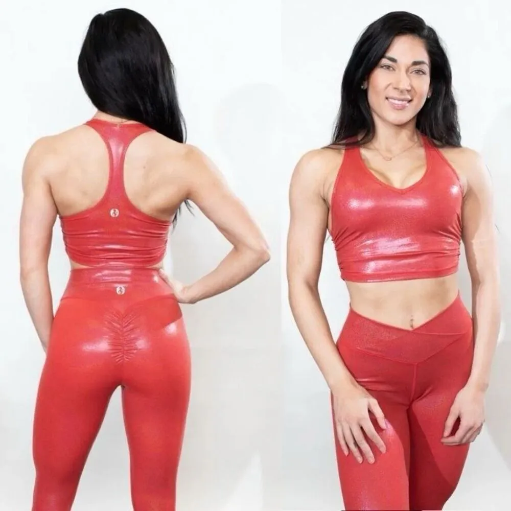 ACBikinis NWT Metallic Racerback Cropped Tank Sports Bra in Red Size Medium - Image 10