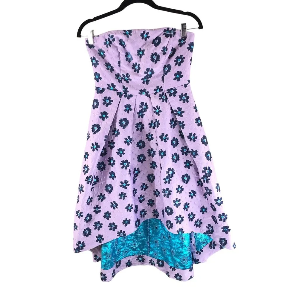 Shoshanna Midnight Novara Dress Floral Crepe Strapless Hi Low Pockets Purple 2 - Image 4