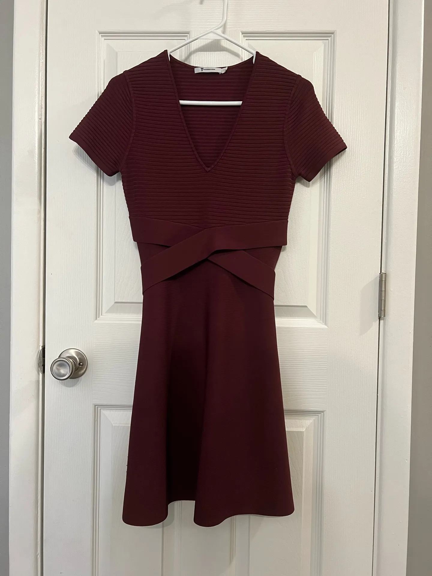 Alexander Wang Burgundy Ribbed Stretch Knit Flare Mini Dress Small - Image 4