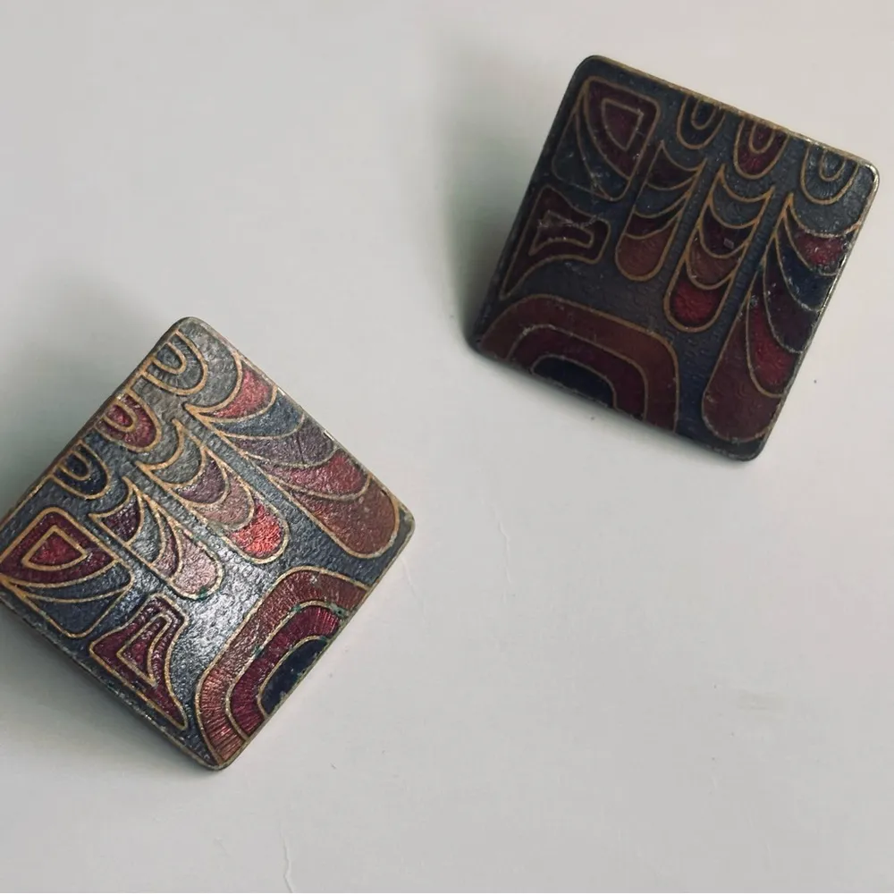 Multicolor Abstract Tribal Cloisonné Metal Post Earrings - Image 5