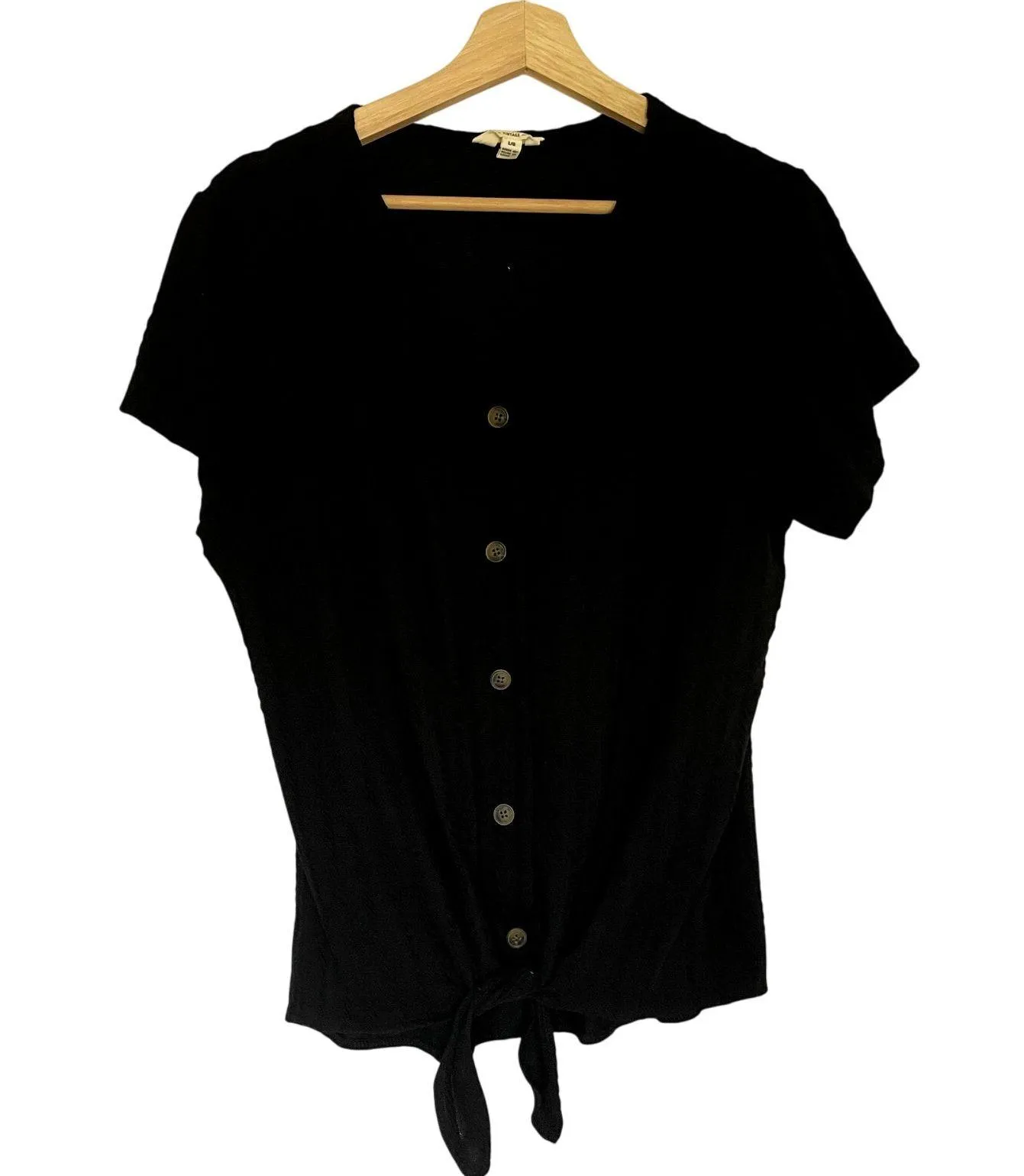 Weatherproof black button down short sleeved shirt v-neck front knot women's L - Image 1