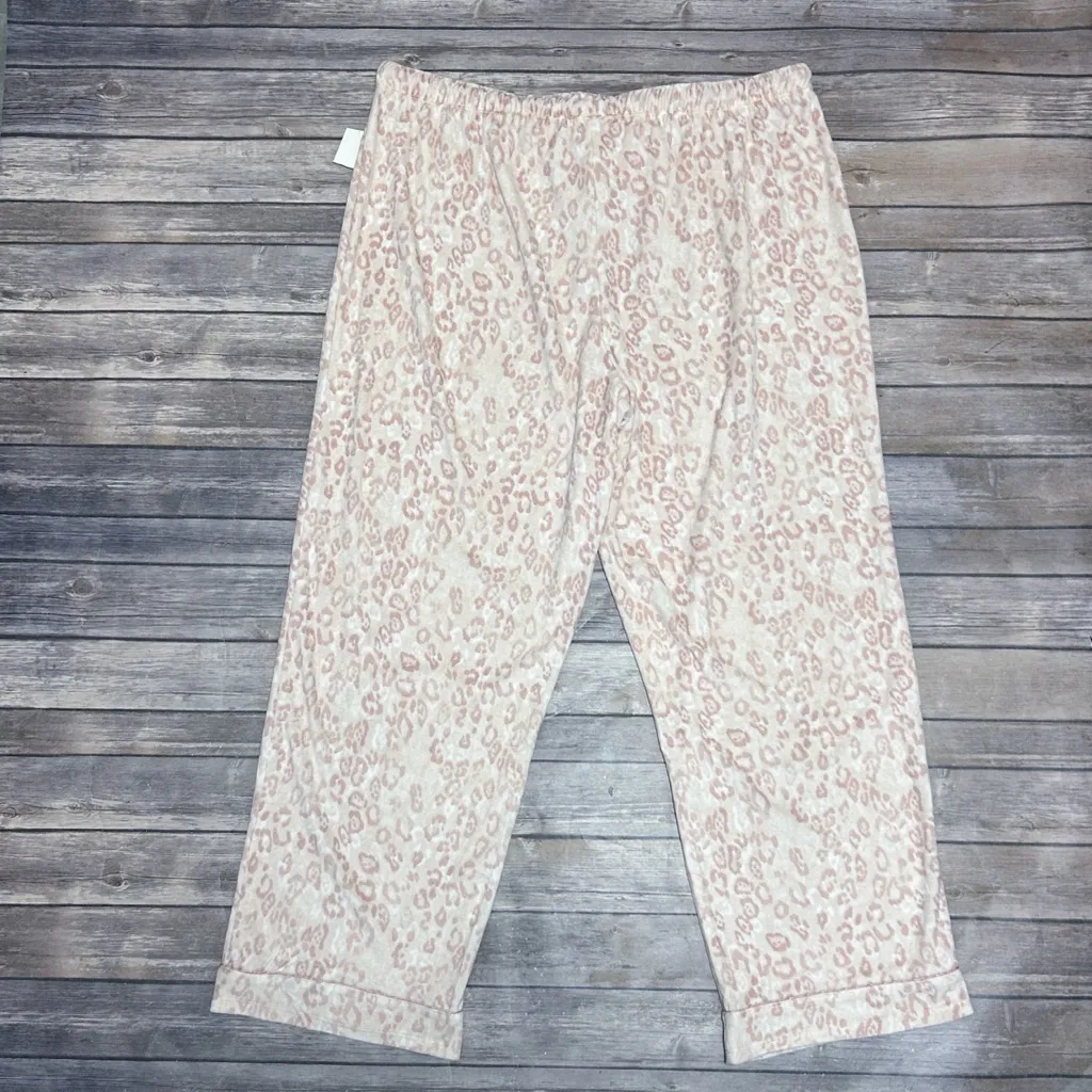 Ellen Tracy Ivory Pink Leopard Velour Button Up Elastic Waistband Pants Pajamas - Image 9