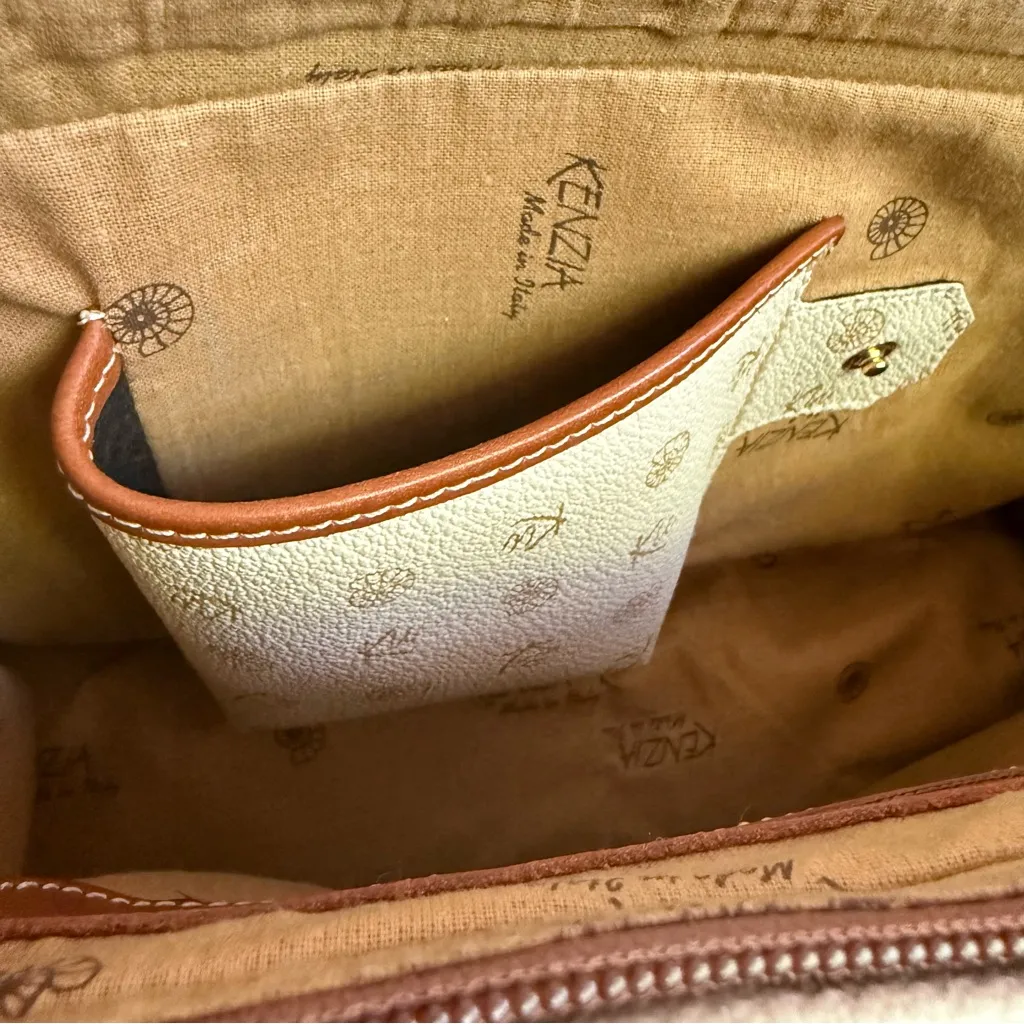 Vintage 2000s Kenzia By KU Italian Ivory Coated Canvas Leather Shoulder Bag Y2K Tan - Image 10