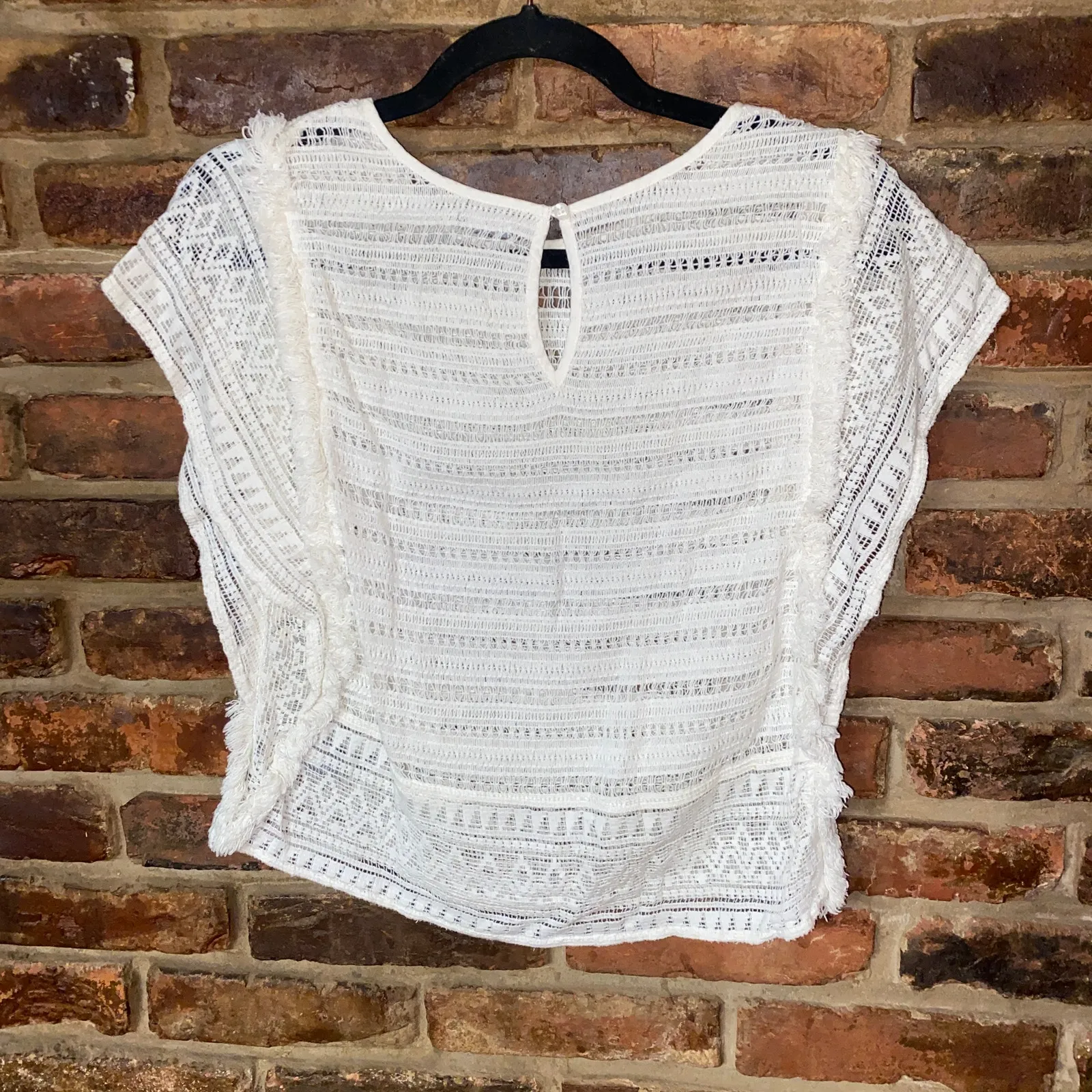 Aerie White Crochet Lace Fringed Knit Short Sleeve Blouse Women's Size XS - Image 7
