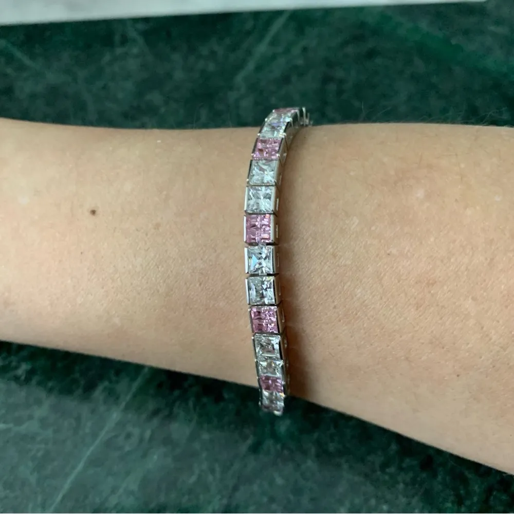 Sterling Silver Pink Clear Princess Cut Cubic Zirconia Tennis Bracelet 7.5" - Image 4